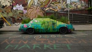 A vibrant painted car art installation in Toronto